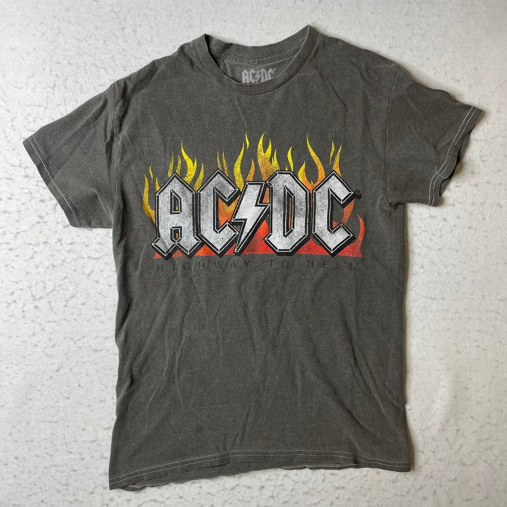 AC/DC Graphic T-Shirt Unisex XS Grey Highway to Hell Band Flames Short Sleeve